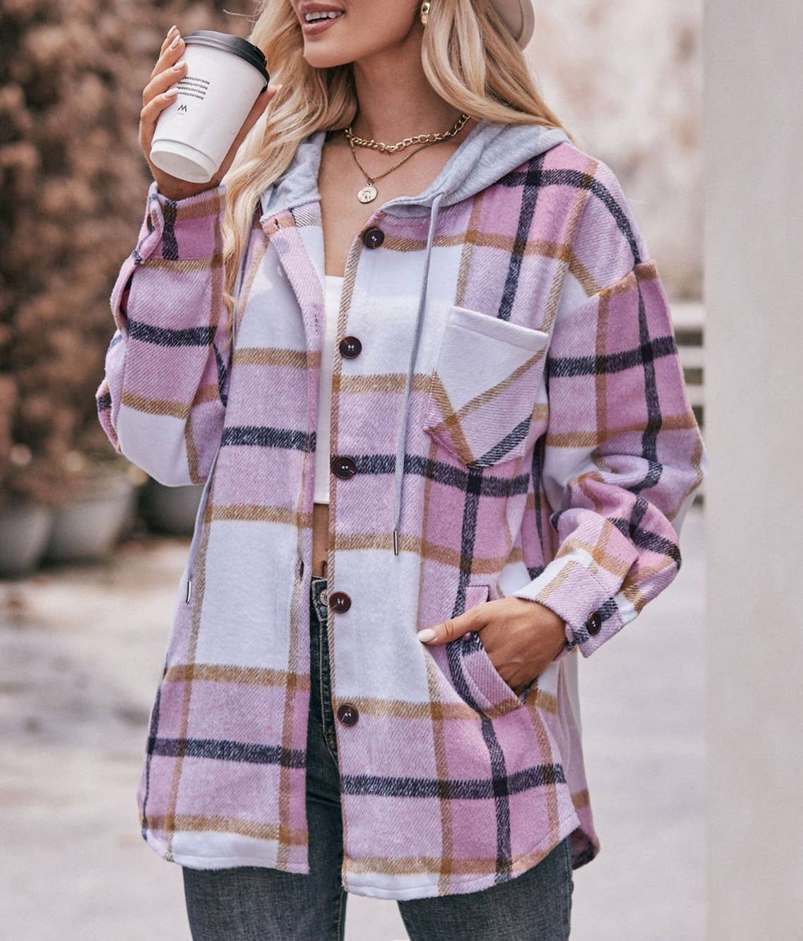 Kristy Plaid Hooded Shacket – Lavender & Blush Midi Shirt Jacket