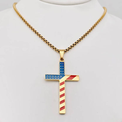 Stars and Stripe Flag Stainless Steel Cross Necklace