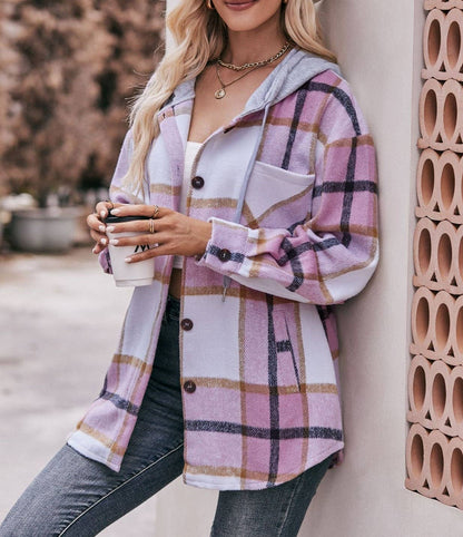 Kristy Plaid Hooded Shacket – Lavender & Blush Midi Shirt Jacket