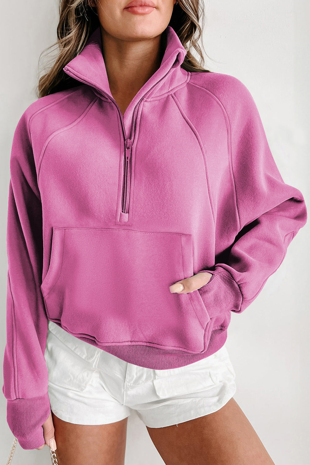 Pink Fleece Lined Zip Up Thumbhole Sleeve Sweatshirt