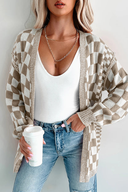 Brown Checkered Open Front Cardigan