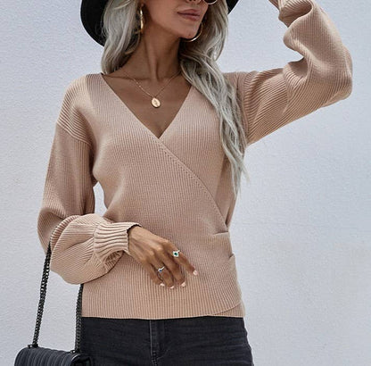 Crossover V-Neck Balloon Sleeve Knit Top