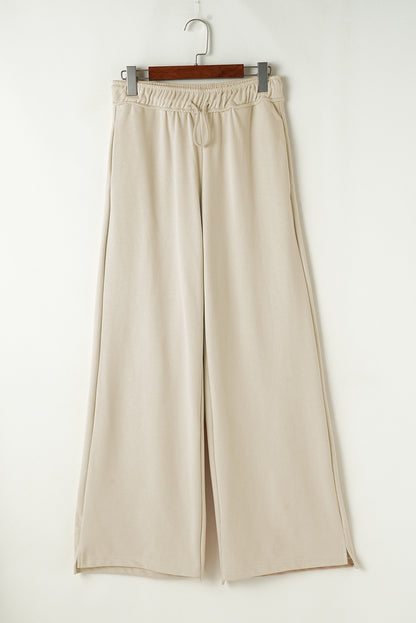 Apricot Drawstring Elastic Waistband Casual Wide Leg Pants