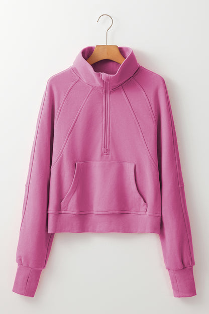 Pink Fleece Lined Zip Up Thumbhole Sleeve Sweatshirt