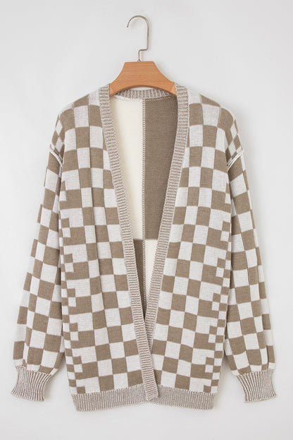 Brown Checkered Open Front Cardigan