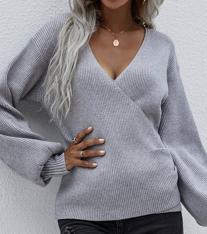Crossover V-Neck Balloon Sleeve Knit Top