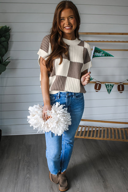 Khaki Checkered Short Sleeve Sweater