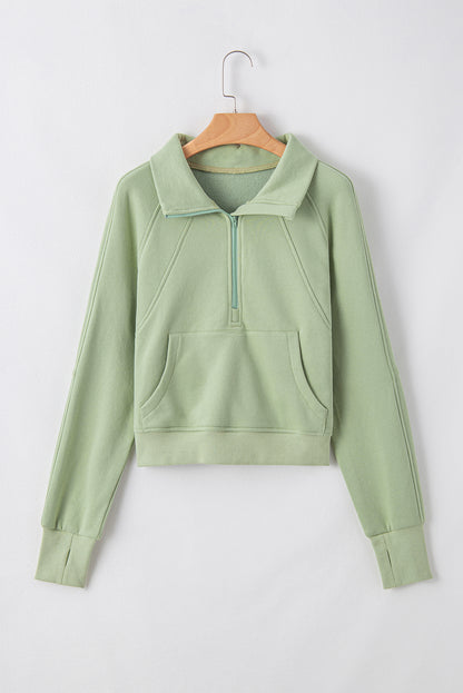 Green Fleece Lined Zip Up Thumbhole Sleeve Sweatshirt