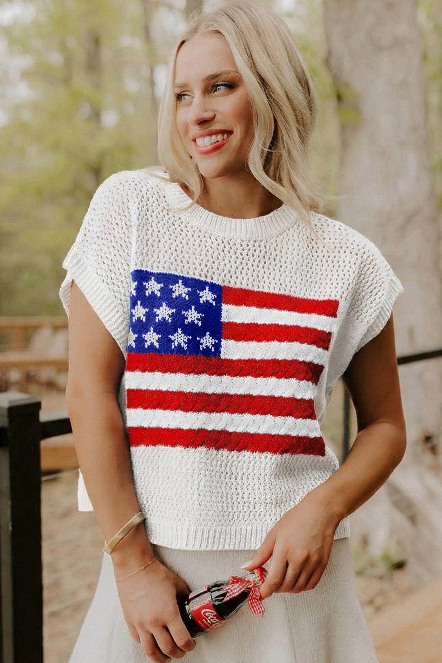 American Flag Sweater Top – Patriotic Short Sleeve Knit Shirt