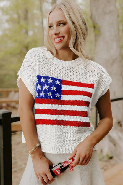 American Flag Sweater Top – Patriotic Short Sleeve Knit Shirt