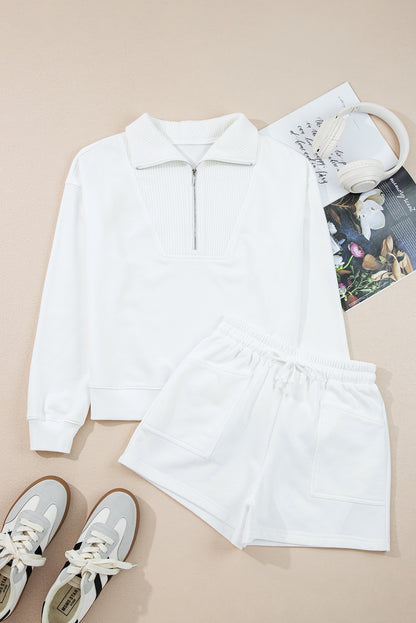 White Ribbed Collar Sweatshirt and Shorts Set