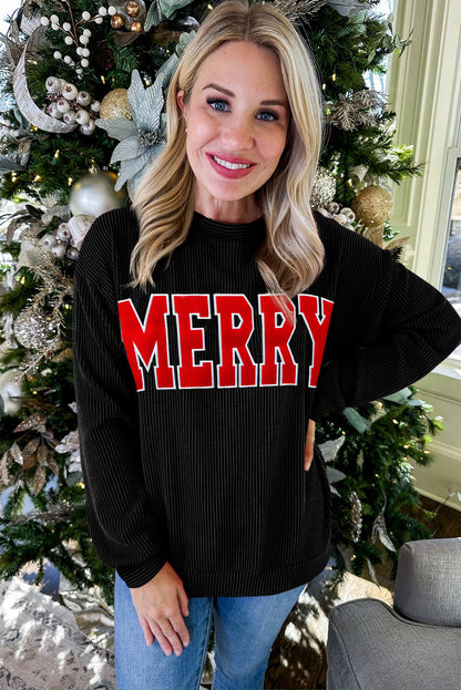 Outlined Merry Letter Graphic Loose Long Sleeve Top
