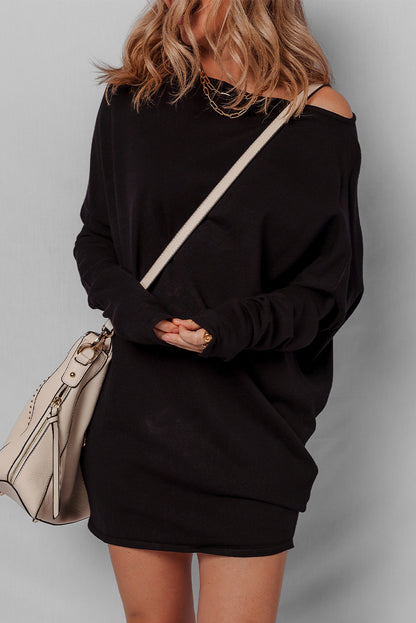 Black Asymmetric Neck Mini Sweater Dress