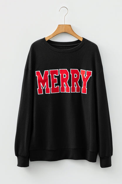 Outlined Merry Letter Graphic Loose Long Sleeve Top