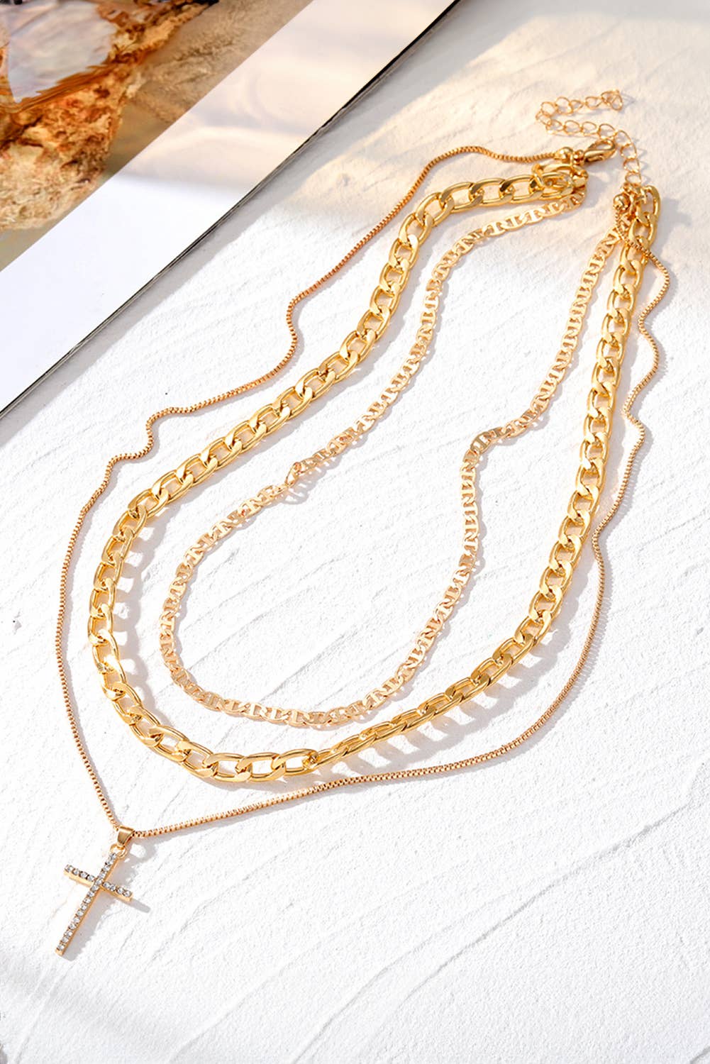 Gold Plated Cross Multi-Layer Necklace – Stacked Chain Statement