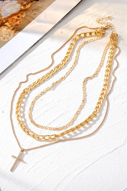 Gold Plated Cross Multi-Layer Necklace – Stacked Chain Statement