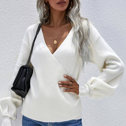 Crossover V-Neck Balloon Sleeve Knit Top