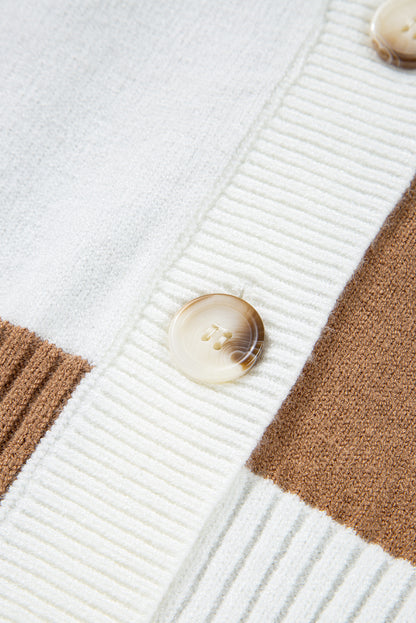 Brown and White Checkered Pattern Knit Cardigan