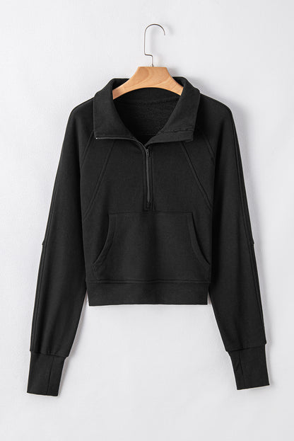 Black Fleece Lined Zip Up Thumbhole Sleeve Sweatshirt