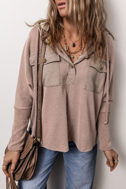 Brown Patchwork Corded Drawstring Hoodie