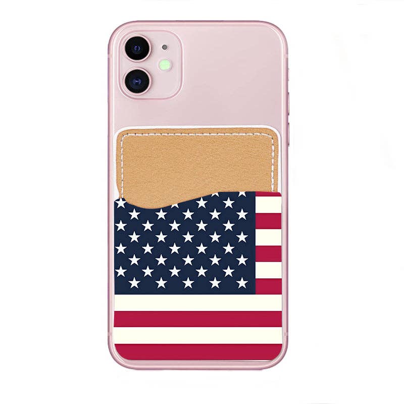 A light pink phone case featuring a tan faux-leather card slot on the back, positioned above an American flag graphic with white stars and red and white stripes.