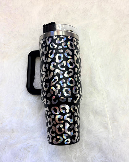40oz Black Holographic Leopard Tumbler | Insulated Cup with Handle & Straw