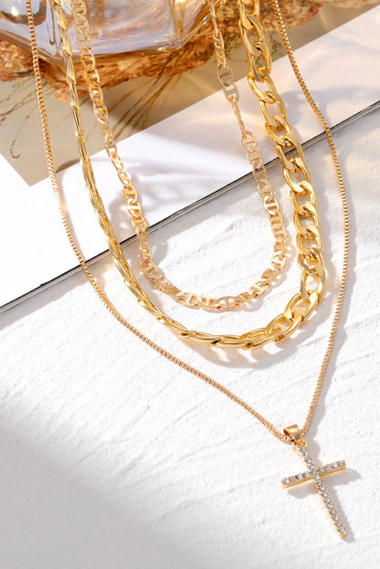 Gold Plated Cross Multi-Layer Necklace – Stacked Chain Statement
