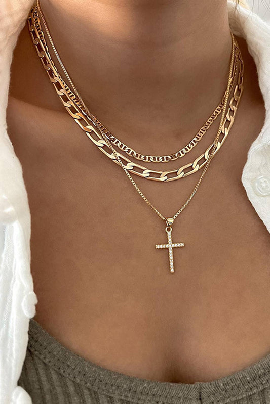 Gold Plated Cross Multi-Layer Necklace – Stacked Chain Statement