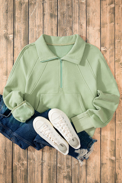 Green Fleece Lined Zip Up Thumbhole Sleeve Sweatshirt
