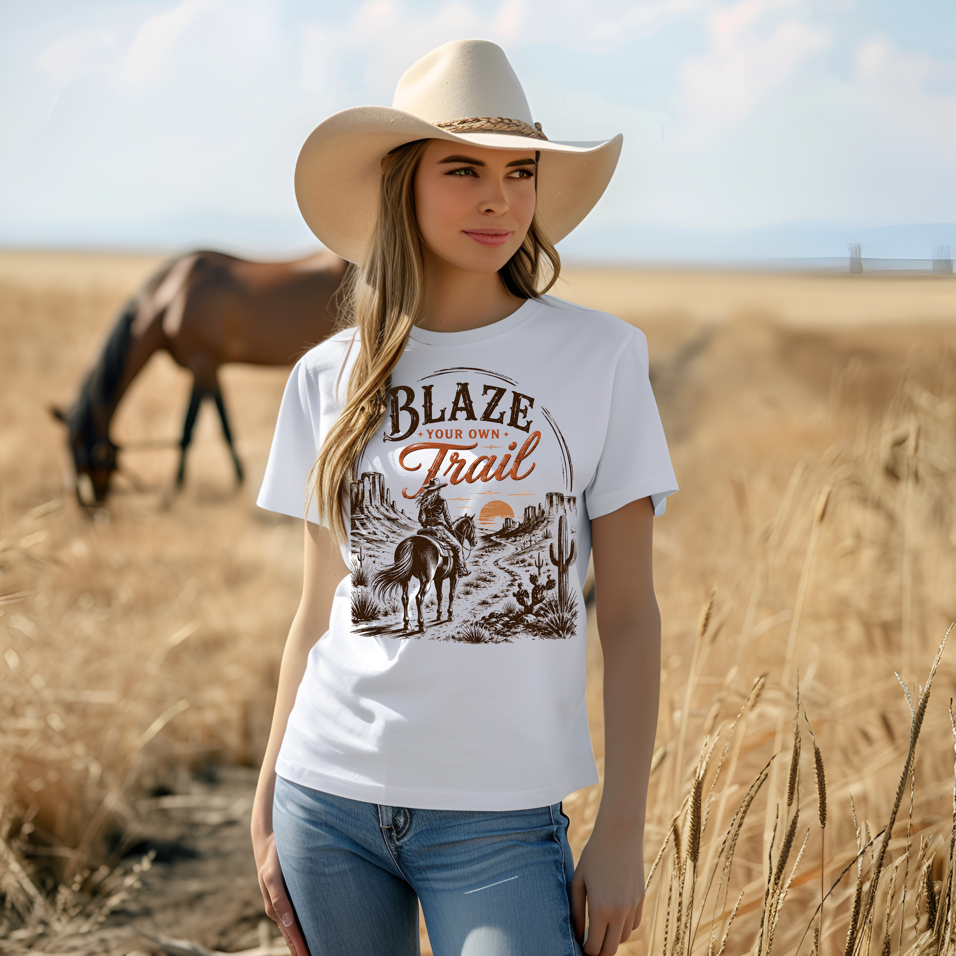 A woman wearing a white graphic t-shirt with a western design that reads 'BLAZE YOUR OWN Trail' and 'Ride the Trail', paired with a beige cowboy hat and blue jeans, standing in a dry grass field with a horse in the background.