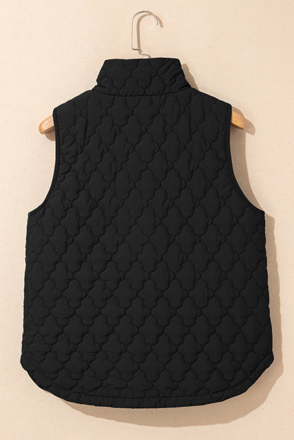 Black Quilted Snap Button Zip Up Winter Vest