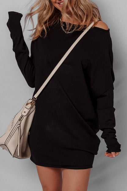 Black Asymmetric Neck Mini Sweater Dress