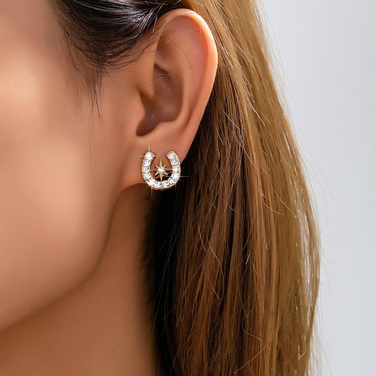 Lucky Star Crystal Horseshoe Stud Earrings