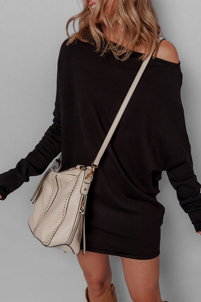 Black Asymmetric Neck Mini Sweater Dress