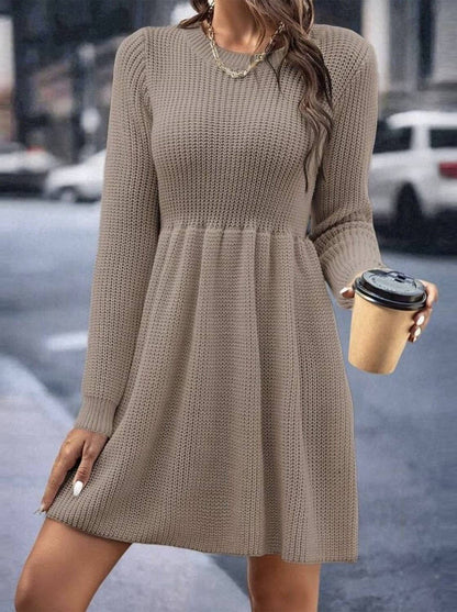 Round-Neck Waist-Cinched Knitted Sweater Dress