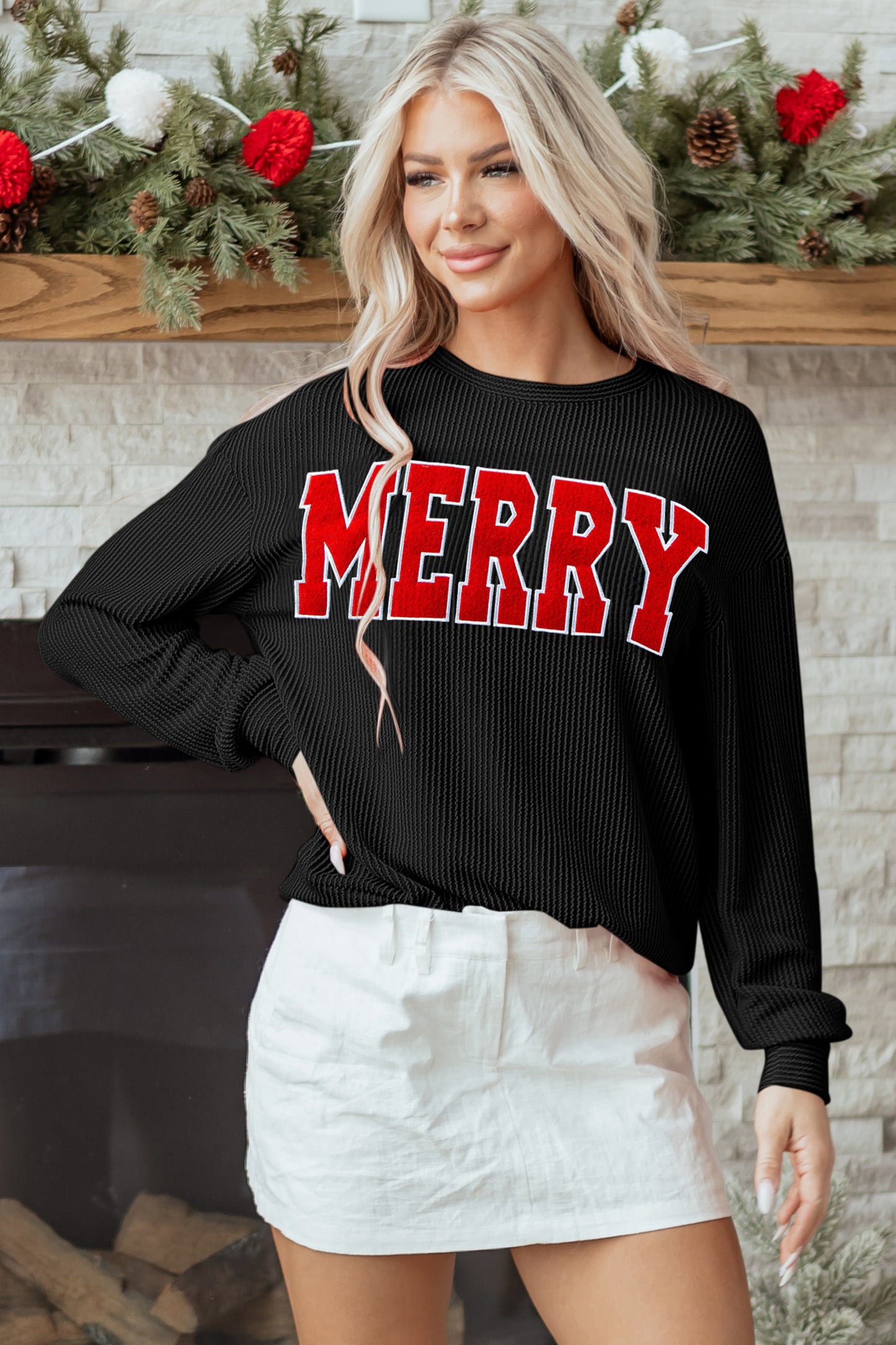Outlined Merry Letter Graphic Loose Long Sleeve Top