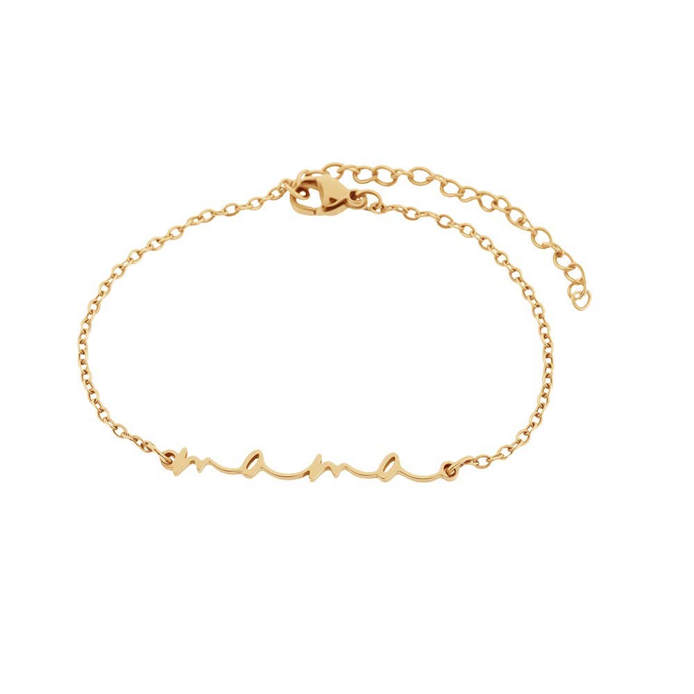 Everly gold Mama script bracelet with an adjustable chain and lobster-claw clasp
