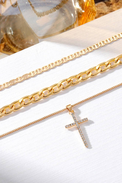Gold Plated Cross Multi-Layer Necklace – Stacked Chain Statement
