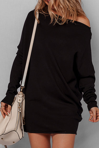 Black Asymmetric Neck Mini Sweater Dress