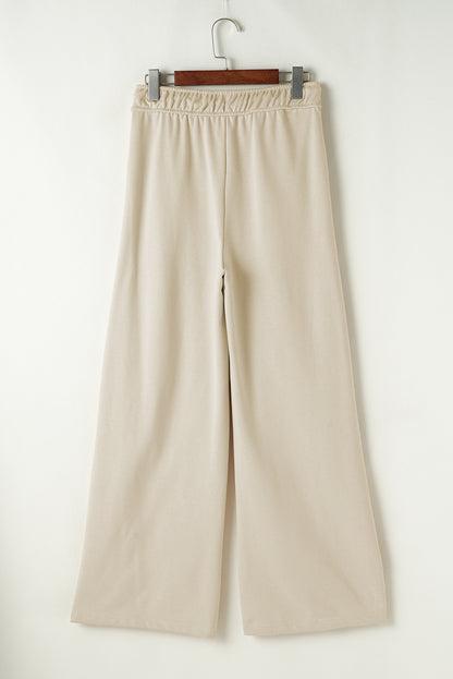 Apricot Drawstring Elastic Waistband Casual Wide Leg Pants