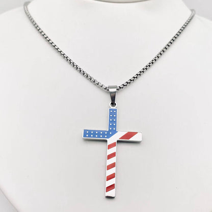 Stars and Stripe Flag Stainless Steel Cross Necklace