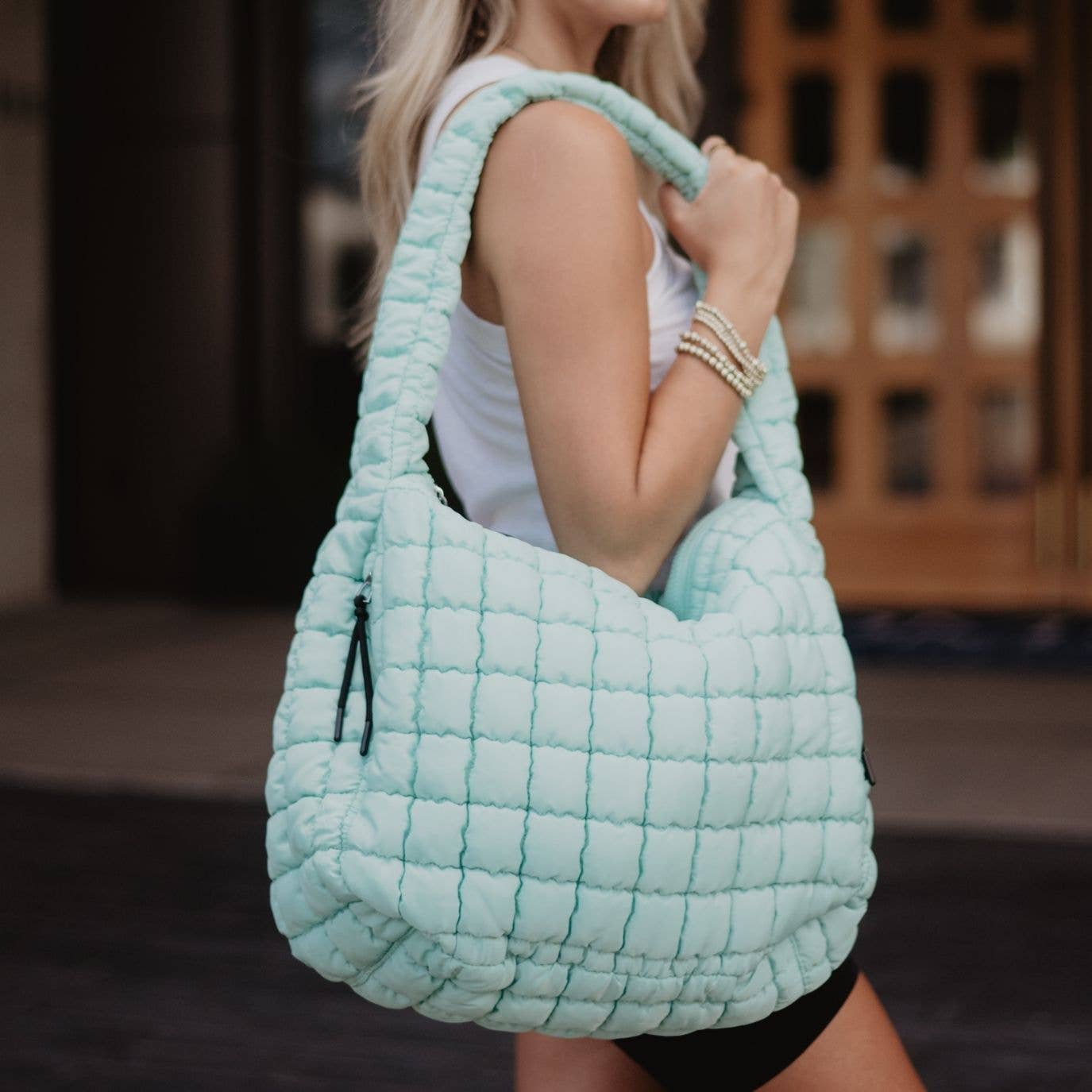 mint quilted tote bag women soft shoulder bag casual everyday style