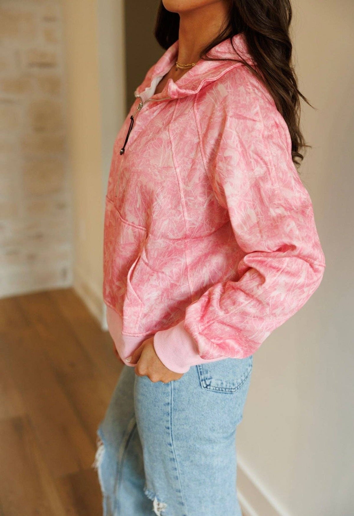 Side view of Hadley pink camo women's pullover