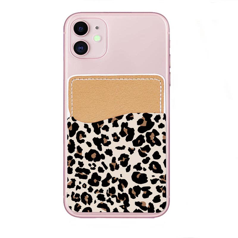 Phone case with leopard print design and beige card holder on a white background