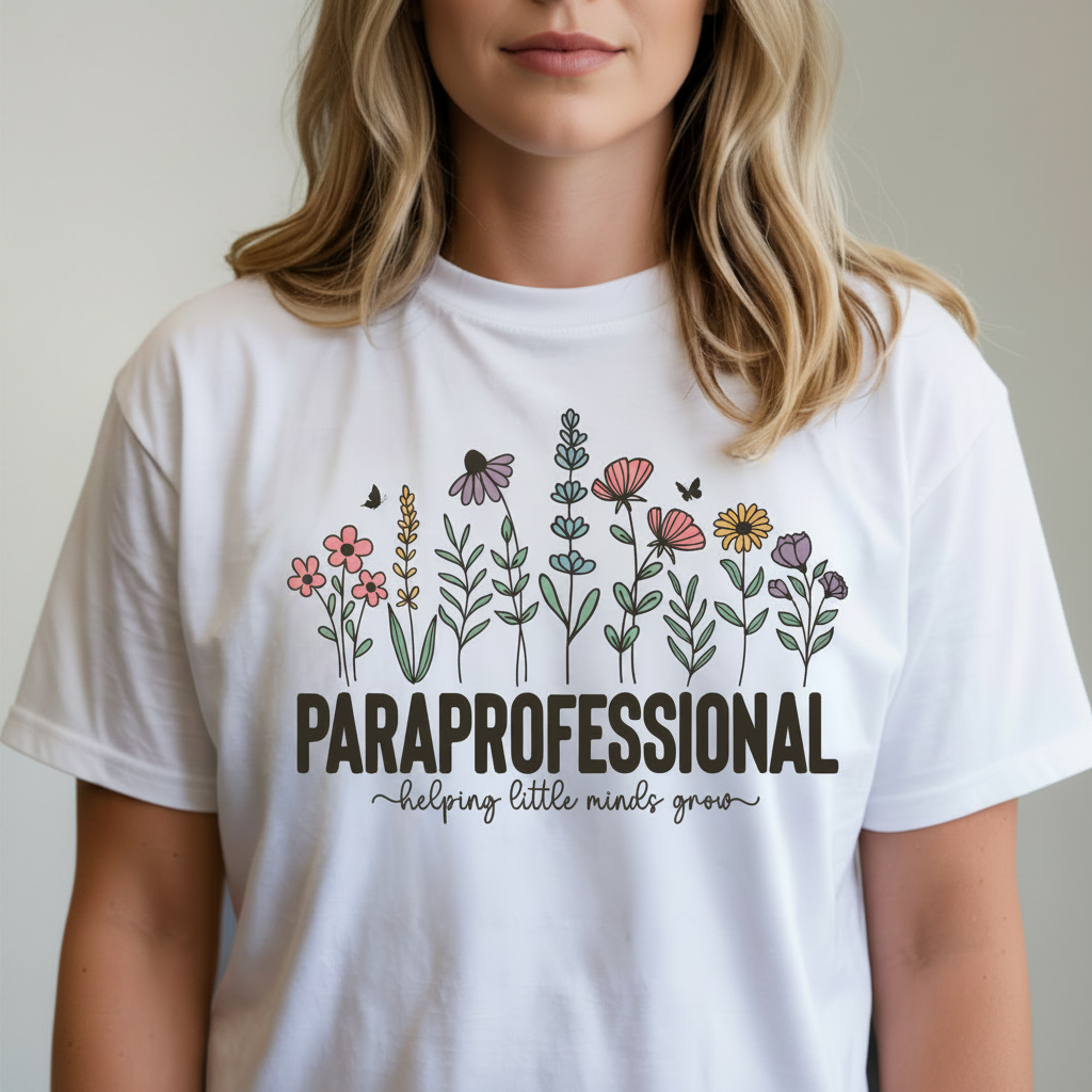 A white short-sleeve graphic T-shirt worn by a person, featuring a colorful line-art floral design above the words 'PARaprofessional' and the phrase 'helping little minds grow' in black script.