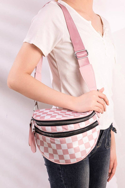 pink checkered crescent sling crossbody bag