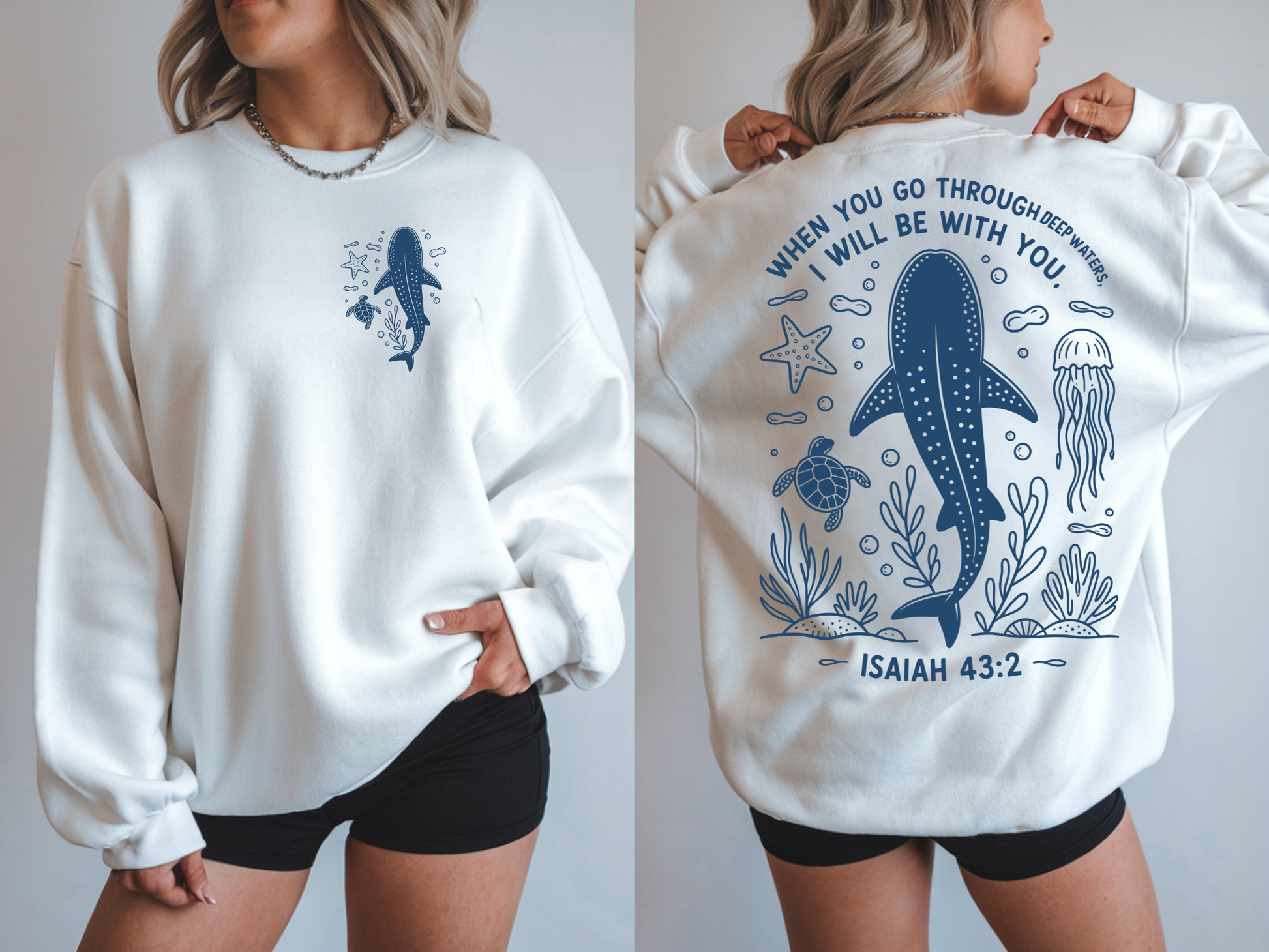 The PS Collective Deep Water Sweatshirt — original ocean nautical graphic crew neck sweatshirt in white, front and back view