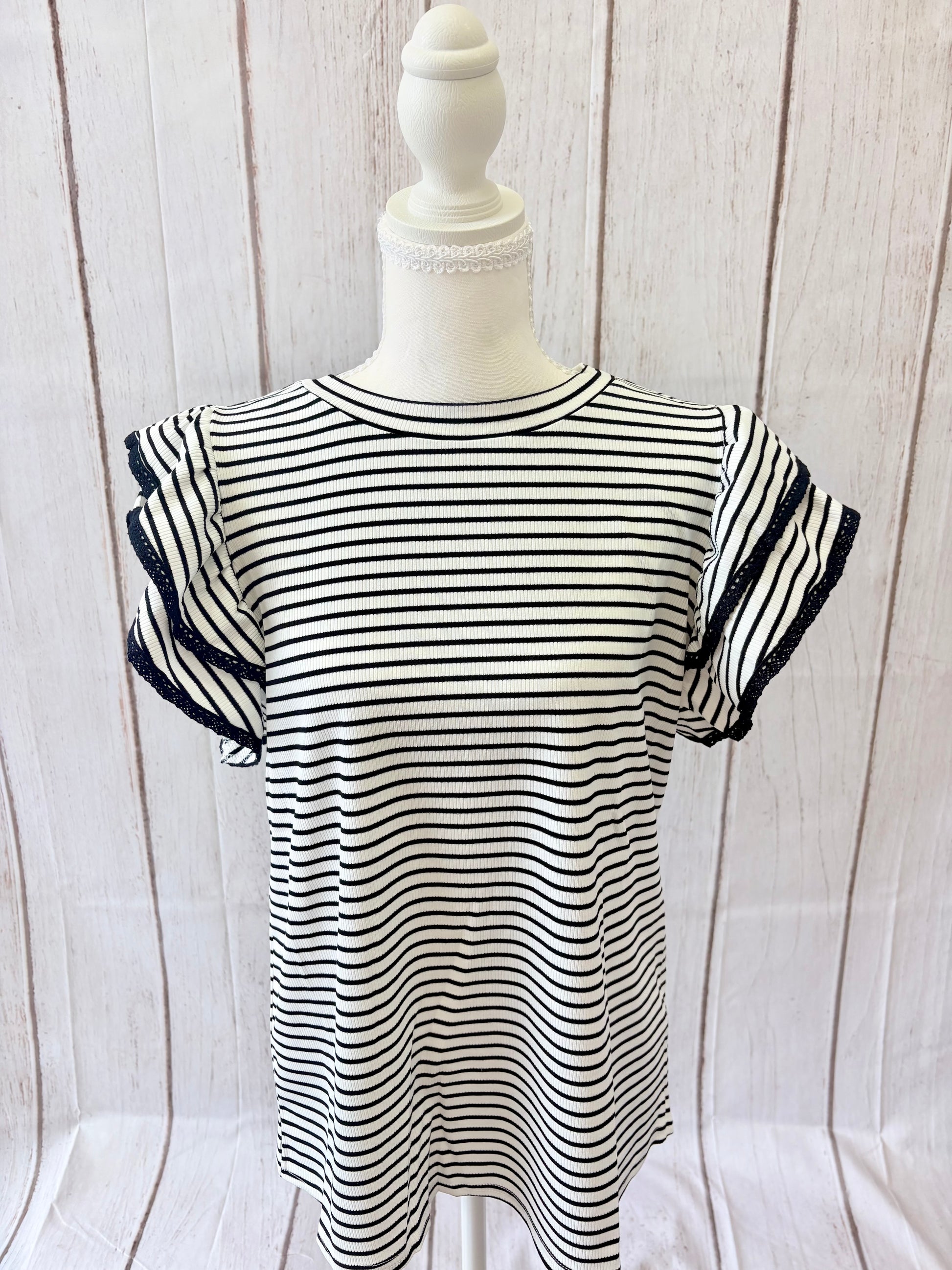 The PS Collective Coastal Ruffle Striped Top — women's striped cap ruffle tiered sleeve blouse