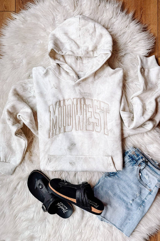 White birch camo hoodie with embroidered MIDWEST lettering from WILDWOOD Boutique